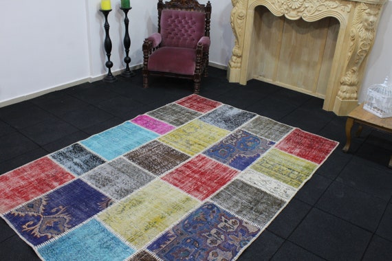 暖色系きれいなパッチワークラグ ヴィンテージトルコラグNo.691 55×125