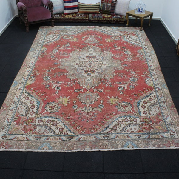 Persian Rug, Oversized Rug, 7.7x11.4 Feet Rug, Red Oushak Rug, Area Rug, Antique Rug, Oriental Rug, Vintage Wool Rug, Living Room Rug, UK