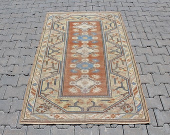 Turkish Area Rug, 3.8x5.9 Feet, Orange Rug, Blue Rug, Vintage Rug, Handwoven Rug, Bohemian Rug, Rugs for Living Room, Oushak Rug, Home Decor