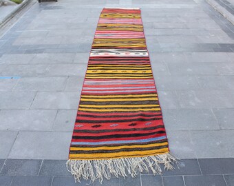 Alfombra Kilim Turca, Alfombra 2.6x12.8 Pies, Alfombra Stair Runner, Alfombra Oriental, Alfombra Vintage, Alfombra De Lana, Corredor Extra Largo, Alfombra Hallway Runner, Colerful