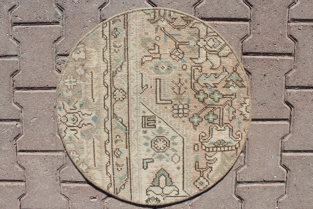 Vintage Rug, Round Rug, 2X2 Feet, Teal Rug, Oriental Rug, Handmade Rug ...