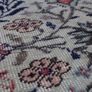 May include: Close-up of a beige rug with a floral pattern. The rug features pink, red, blue, and brown flowers on a beige background.