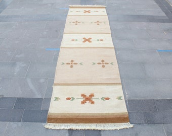 Turkish Kilim Rug, 2.6x9.2 Ft Rug, Stair Runner Rug, Mocha Rug, Oriental Vintage Rug, Hallway Rug, Extra Long Runner, Hallway Runner Rug