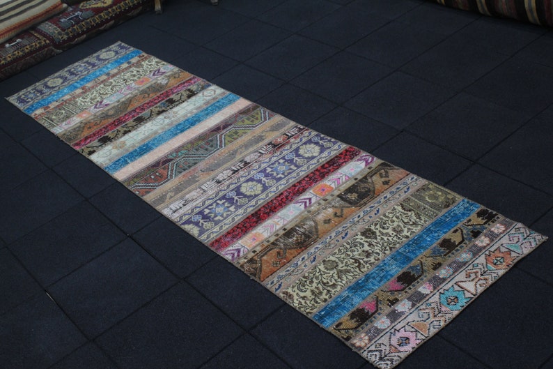 Patchwork Runner Rug Vintage Runner Rug Hallway Runner Rug Designer Rug 2.6x9.9 Runner Rug Turkish Rug Oushak Runner Distressed Rug