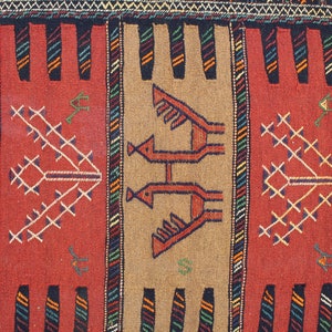 May include: A close-up of a colorful woven rug with geometric patterns and stylized animal figures. The rug features a red, brown, and beige color scheme with accents of green, blue, and black.