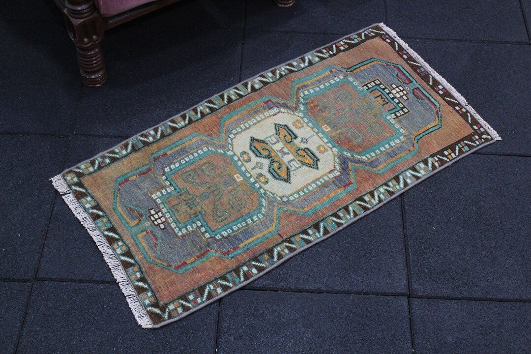 Turkish Rug, Small Rug, 1.6x3.1 Feet, Gray Rug, Brown Rug, Vintage Wool ...