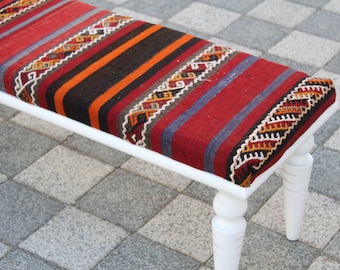Wood Work Bench, Ottoman Bench, Handmade Furniture, Kitchen Chair, Piano Bench, Dining Bench, Sitting Bench, Turkish Rug Bench, Vintage Wood