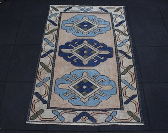 Vintage Rug, Small Rug, 3x4.2 Feet, Taupe Rug, Blue Rug, Wool Rug, Handmade Rug, Turkish Rug, Rugs for Bathroom, Kitchen Rug, Bohemian Rug
