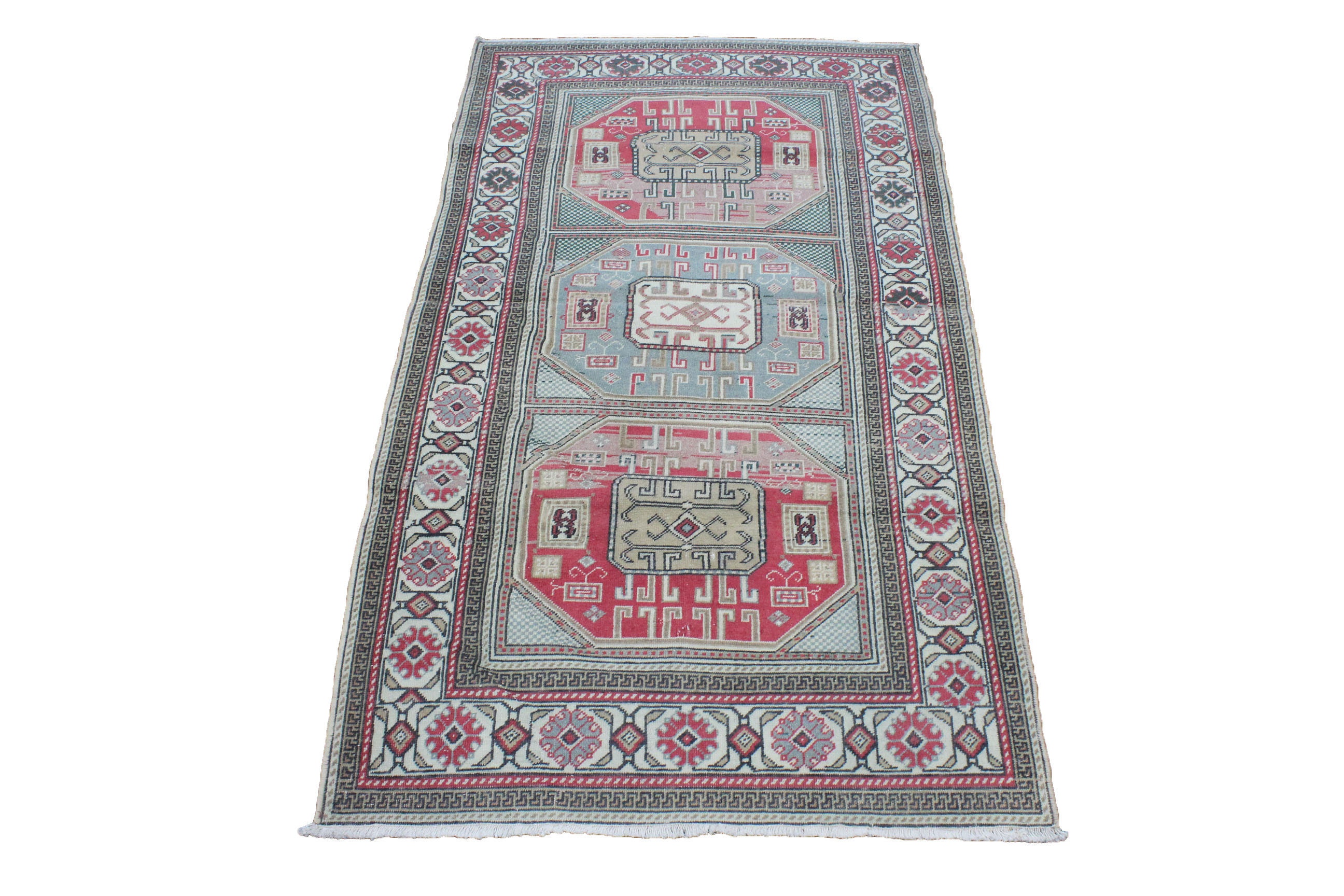 幾何学模様のヴィンテージラグ | 3.2x5.7 エリアラグ | 青いトルコラグ