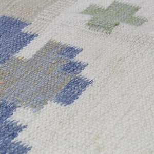 Puede incluir: Primer plano de una alfombra tejida con un patr&oacute;n geom&eacute;trico en tonos azules, verdes y beige. La alfombra tiene un fondo blanco y una superficie texturizada.