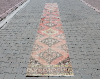 Oushak Runner Rug | 2.9x21.9 Vintage Runner | Burnt Orange Rug | Antique Runner Rug | Distressed Runner Rug | Hallway Runner Rug | Wool Rug