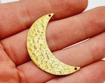 10 pcs Hammered Moon Crescent Charm, Raw Brass Hammered Moons with 2 Holes Patterned Crescent Moon Charm, 44X27 mm.