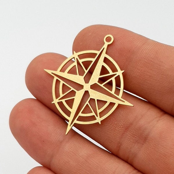 Raw Brass Compass Charm, Compass  Pendant ,Compass Necklace, Laser Cut Jewelry, Jewelry Supplies, Findings 35x37 mm