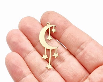 5 pcs Raw Brass Moon and Star Charm, Laser Cut Pendant (20x41 mm)