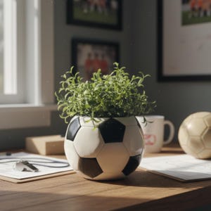May include: A soccer ball-shaped planter filled with green foliage sits on a wooden desk. The planter is black and white, resembling a soccer ball. A whistle and clipboard are visible on the desk, along with a soccer ball and a mug.