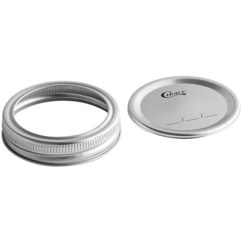 May include: Two silver metal jar lids, one with a ring and the other flat with the word "Choice" printed on it.