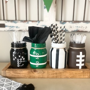 Football party centerpiece for tailgate decor football mason jar set painted mason jar sport theme centerpiece football decor tailgate party