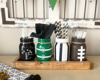 Football party centerpiece for tailgate decor football mason jar set painted mason jar sport theme centerpiece football decor tailgate party