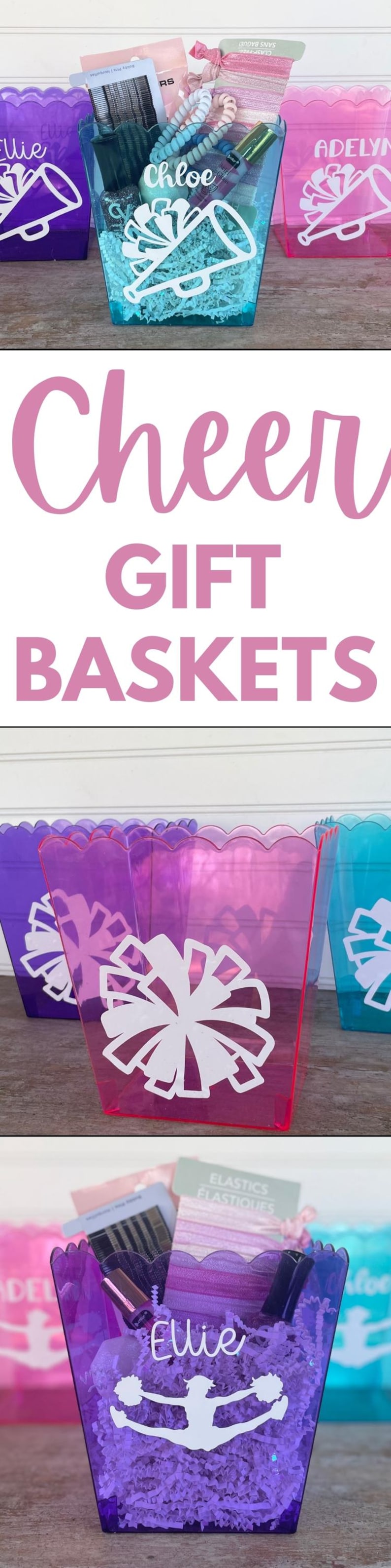 May include: Four clear plastic gift baskets with a cheerleading theme. The baskets are filled with tissue paper and various gifts, including hair ties, hair clips, and other accessories. The baskets are decorated with white cheerleading pom-poms and the names "Ellie", "Chloe", and "Adelyn" are written on the front of the baskets.