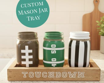 Wood tray centerpiece for Mason jar tray for table decor centerpiece box personalized football touchdown utensil holder game day tailgate