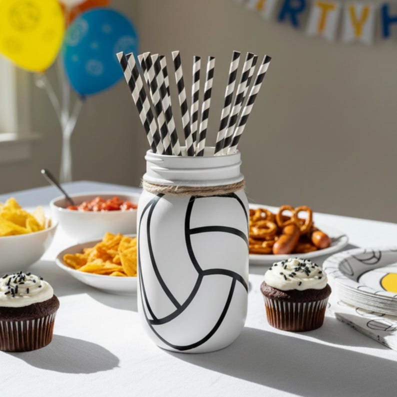 May include: A white mason jar decorated with a black volleyball design, filled with black and white striped straws. The jar is adorned with twine and sits on a table with snacks and cupcakes, suggesting a party theme.