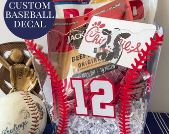 Personalized baseball decal for baseball gift basket with number custom baseball lace sticker senior gift baseball team banquet party favor