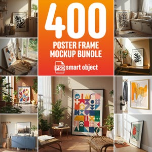 Könnte beinhalten: Eine Sammlung von 400 Poster-Rahmen-Mockups im PSD-Smart-Object-Format. Die Mockups zeigen verschiedene Innenszenen mit unterschiedlichen Rahmen- und Kunstwerkstilen. Die Bilder zeigen eine Vielzahl von Farben, Texturen und Designs und bieten eine vielseitige Auswahl, um Kunstwerke oder Designs zu präsentieren.