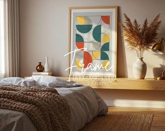 DIN 2:3 Ratio Vertical Frame Mockup, Frame İn The bedroom Photoshop Template, Thin Wood Frame PSD for Prints and Artwork