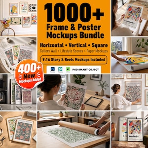 Pode incluir: Um pacote de produtos digitais com mais de 1000 maquetes de molduras e cartazes para formatos horizontais, verticais e quadrados. Inclui cenas de galerias de parede, maquetes para histórias e reels 9:16 e compatibilidade com PSD smart object.