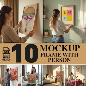 Op de afbeelding: Een mockup van 10 verschillende frames met mensen die ermee omgaan. De frames zijn allemaal in verschillende maten en vormen, en ze hangen allemaal aan muren of worden vastgehouden door mensen. Sommige frames hebben foto's erin, terwijl andere leeg zijn. De frames zijn allemaal van hout en hebben een natuurlijke afwerking.