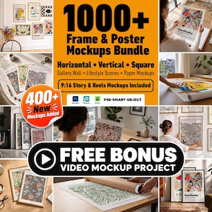 May include: A digital bundle of 1000+ frame and poster mockups featuring horizontal, vertical, and square orientations. Includes gallery wall and lifestyle scenes, paper mockups, 9:16 story and reels mockups, PSD smart objects, and a free bonus video mockup project.