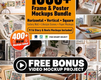 May include: A digital bundle of 1000+ frame and poster mockups featuring horizontal, vertical, and square orientations. Includes gallery wall and lifestyle scenes, paper mockups, 9:16 story and reels mockups, PSD smart objects, and a free bonus video mockup project.