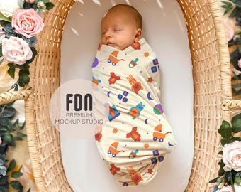 Baby Decke Mockup, PSD Smart Objekt, Swaddle Mock-up, Baby Decke Boho Mockup, Säugling Decke