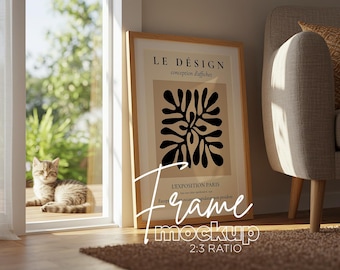 DIN 2:3 Ratio Vertical Frame Mockup, Frame In The Living Room Template for Photoshop, Thin Wood Frame PSD for Prints and Artwork
