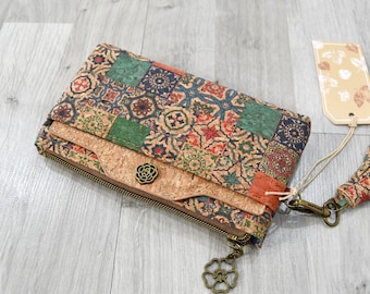 Large soft cork purse with detachable card holder, an original and practical gift for vegan women, mosaic pattern