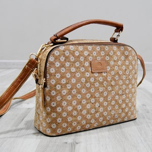 Bolso de corcho para mujer, bolso de hombro ecológico hecho a mano, idea de regalo vegano con estampado de flores de margaritas blancas