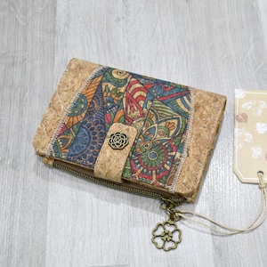 Cartera impermeable y compacta de corcho natural para mujer, un regalo vegano, útil y práctica, tarjetero, estampado zentangle