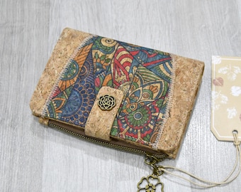 Portefeuille liège naturel imperméable et compact pour femme, un cadeau végan , utile et pratique, porte-cartes, motif zentangle