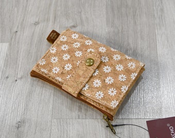 Tarjetero vegano de corcho natural, cartera original para hombre o mujer, idea de regalo original con estampado de margaritas blancas