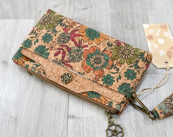 Large soft flower-patterned cork purse with separable card holder, an original and practical gift for vegan women