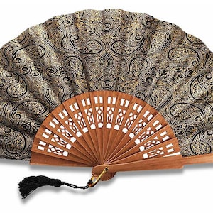 Handmade black and gold artisanal fan in pear wood and fabric, Spanish hand fan, personalized engraving offered!