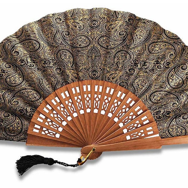 Handmade black and gold artisanal fan in pear wood and fabric, Spanish hand fan, personalized engraving offered!
