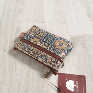 Porte-monnaie en liège naturel, 3 poches zippées, portemonnaie vegan liège imprimé mosaïques bleues