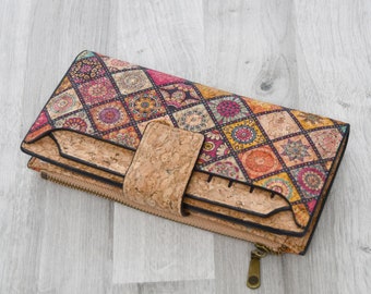 Women's wallet in waterproof cork, original gift idea for vegan, Spanish craft mosaic pattern