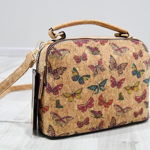 Bolso de corcho para mujer, bolso de hombro ecológico hecho a mano, idea de regalo para veganos, patrones de mariposas de colores