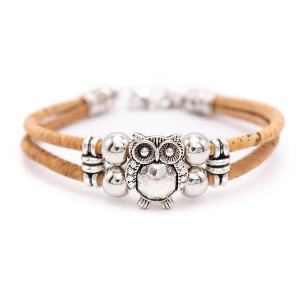 Bracelet hibou, chouette en liège, bracelet double, réglable, bijou vegan , hibou chouette  vintage chic et tendance