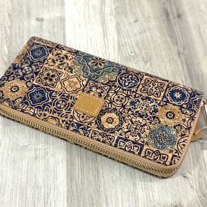 Natural cork wallet for women, vegan gift idea with blue mosaic pattern