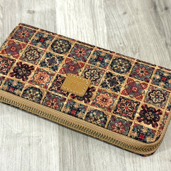 Natural cork wallet for women, vegan gift idea with mosaic pattern