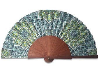 Handcrafted fan with blue and green mandala patterns, handmade fan in pear wood and fabric, hand fan, free engraving!