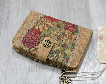 Cartera de mujer en corcho natural compacto e impermeable, un regalo vegano, útil y práctico, tarjetero, estampado de flores